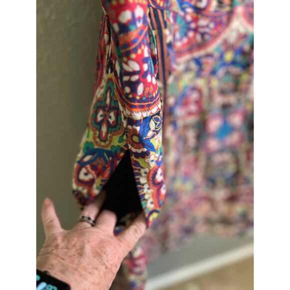 Lands End Linen Sundress 20W Multi Color Geometric Floral Pockets Short Beachy - Picture 7 of 9